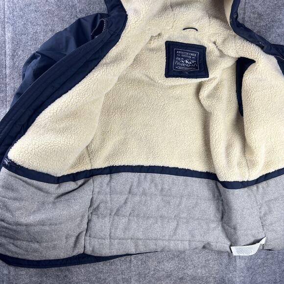AMERICAN EAGLE OUTFITTERS Men's Nylon Parka Jacket Sz S Sherpa‎ Hood Dark Navy - Picture 8 of 9